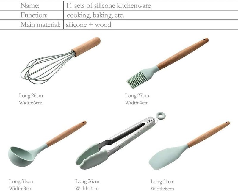 Home Brand Silicone Cooking Kitchen 12PCS Wooden Utensils Tool for Nonstick Cookware, Set with Bamboo Wood Handles Cookware Non-Toxic Turner Tongs Spatula Spoon Green - Image 4